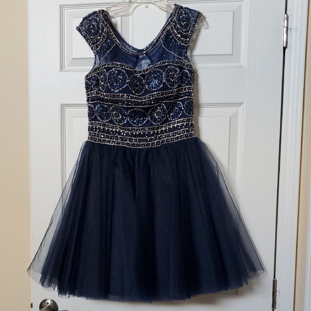 Navy Blue Beaded Sherri Hill Cocktail Dress